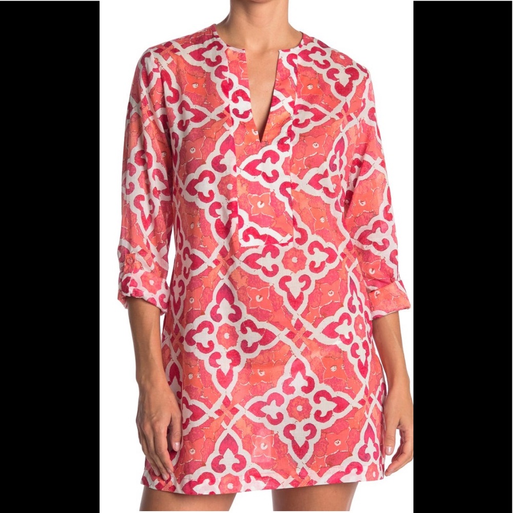 Echo Cotton Red Coral White Print Tunic Dress Coverup Small NWT